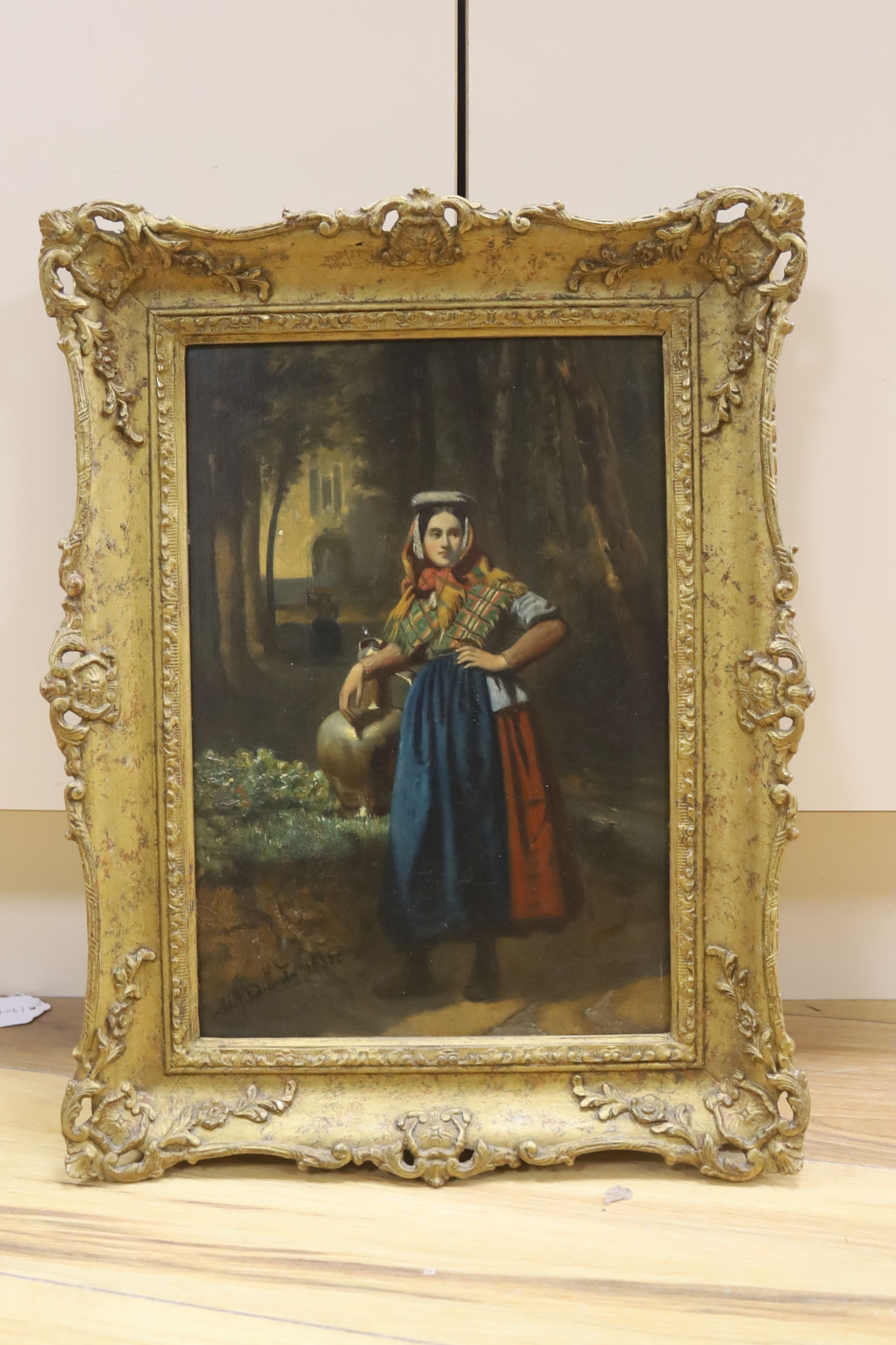 Attributed to Adolf Alexander Dillens (1821-1877), oil on panel, Water carrier in woodland, bears signature, 32 x 22cm